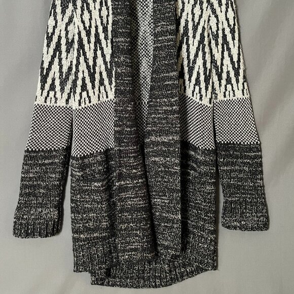 Lucky Brand L Grey Black Multi Pattern Wool Knit Plush Open Cardigan Sweater - Picture 2 of 7